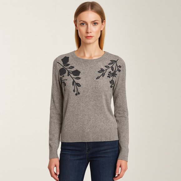 Tahari 2-Ply Cashmere Gray Floral Embroidered Crewneck Sweater Large Soft Knit - Picture 1 of 4